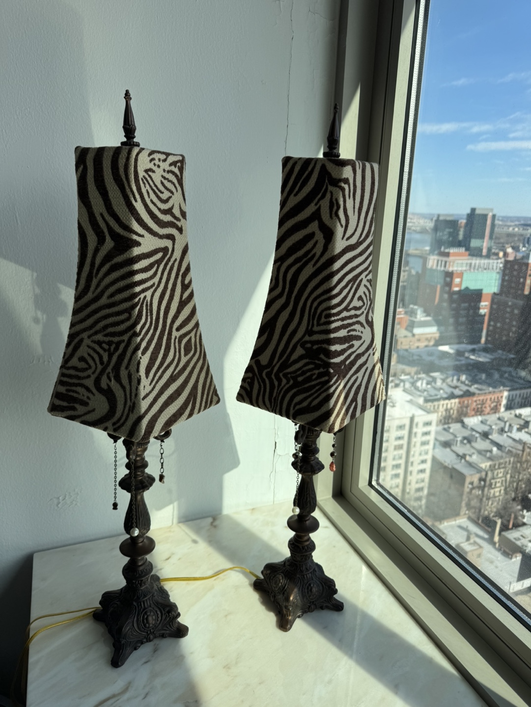 Pair of Ornate Table Lamps with Zebra Print Shades