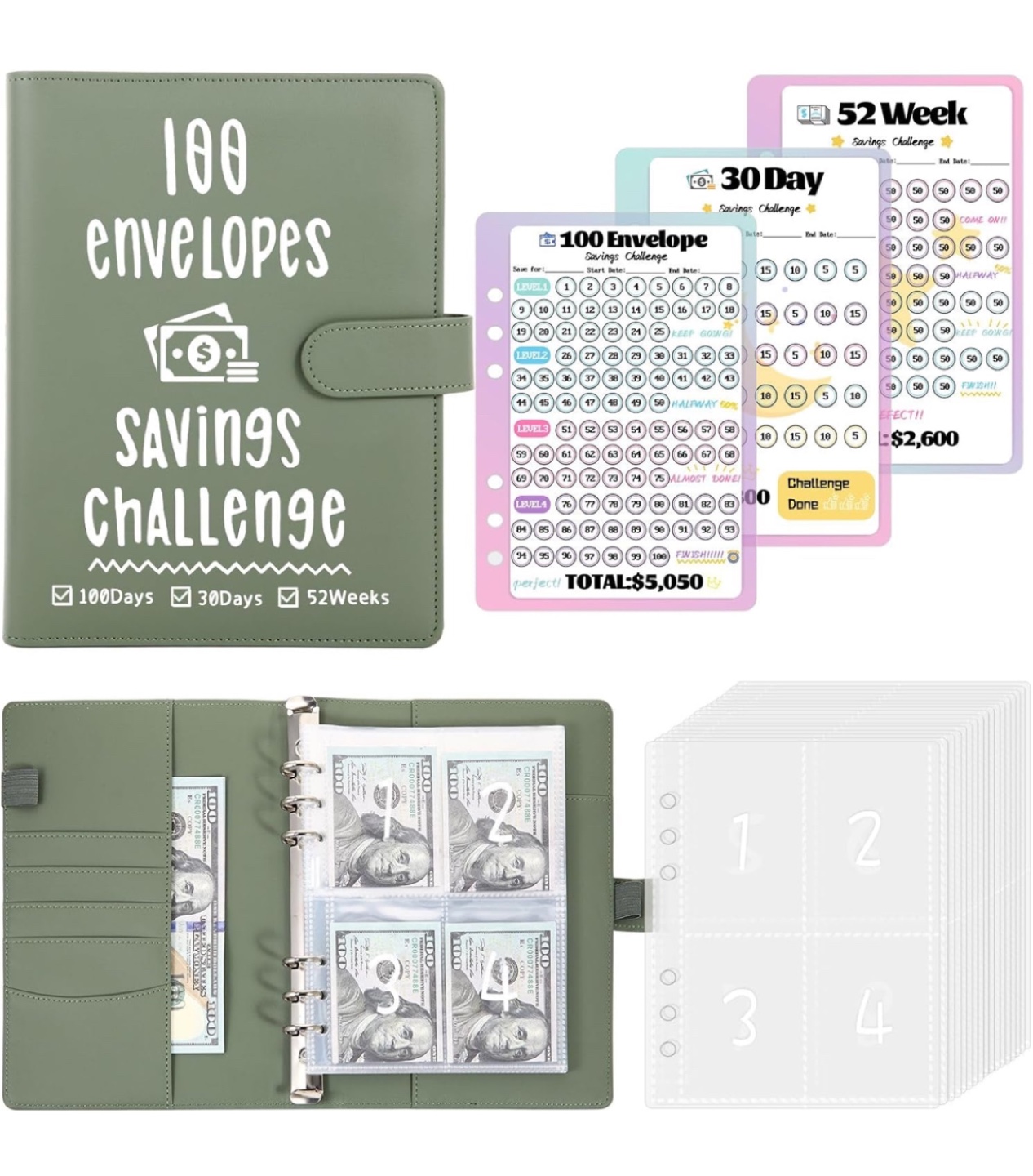 Sage Green 100 Envelope Savings Challenge Binder