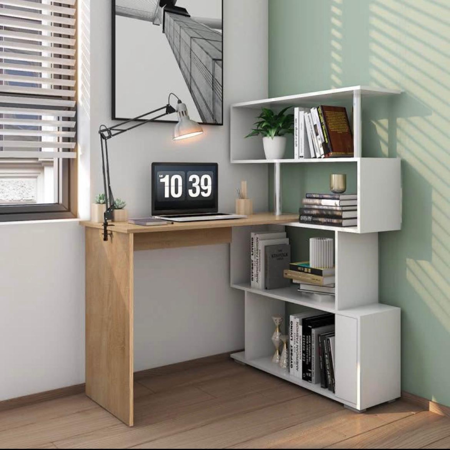 Modern White and Wood Corner Desk with Bookshelves - photo 4