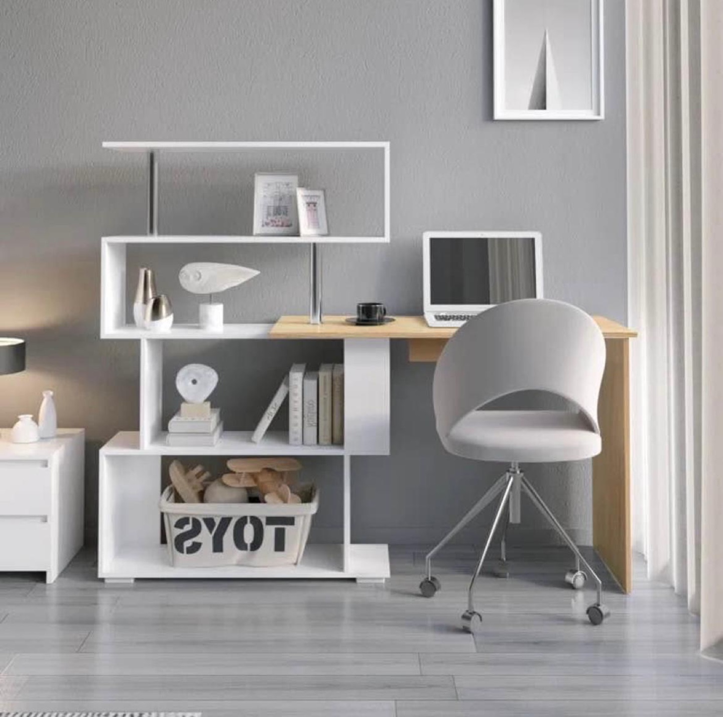 Modern White and Wood Corner Desk with Bookshelves - photo 5
