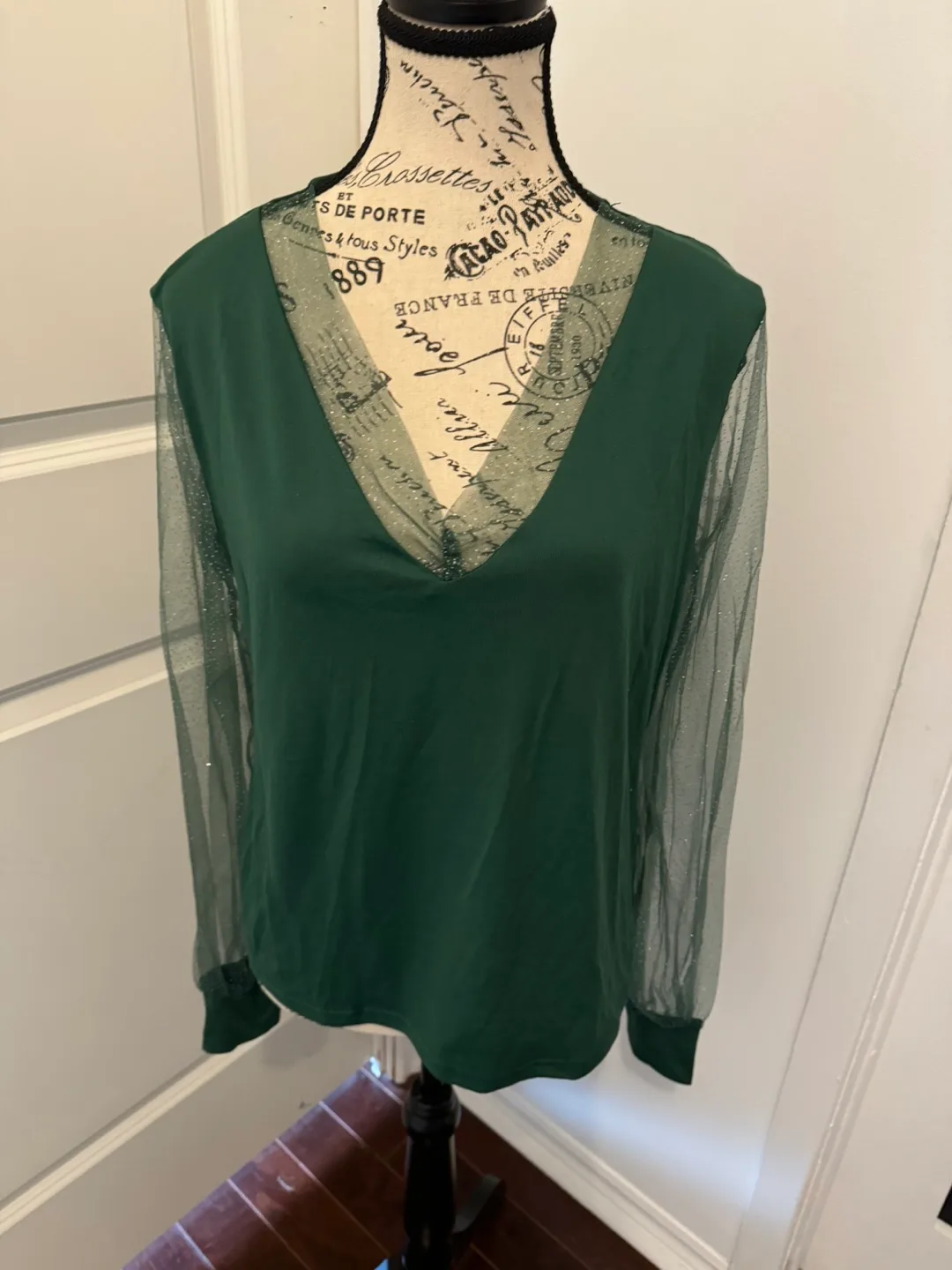 Emerald Green V-Neck Blouse with Mesh Sleeves thumbnail