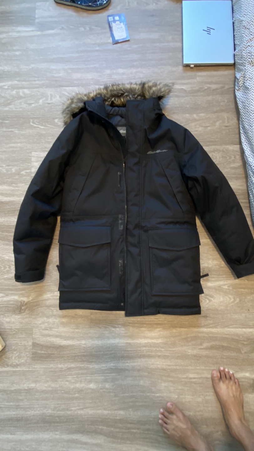Eddie Bauer Men's Black Parka with Faux Fur Trim