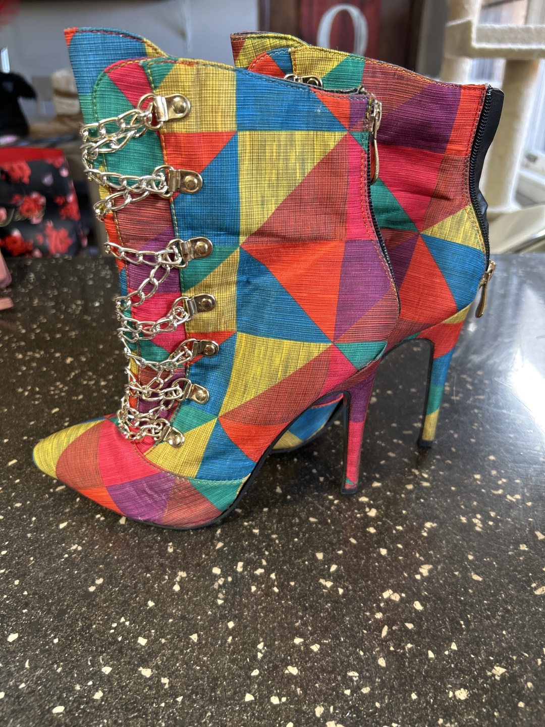 CAPE ROBBIN boots Colorful Geometric Pattern Booties with Chains