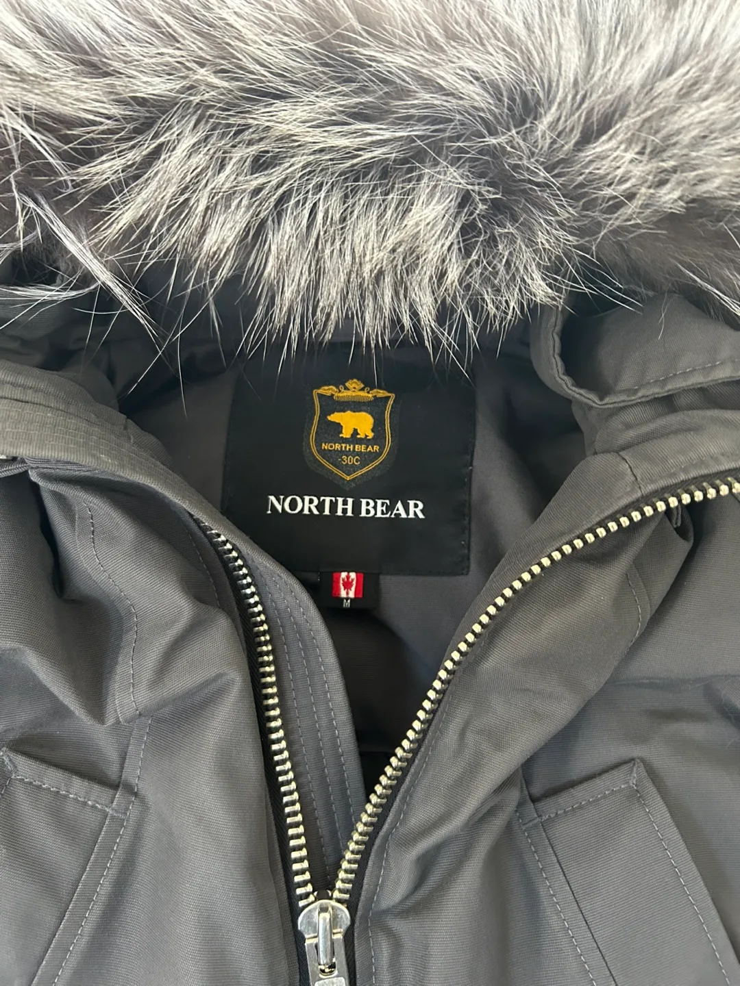 North Bear Men's Size Medium Grey Bomber Jacket with Fur Hood image indicator(3)