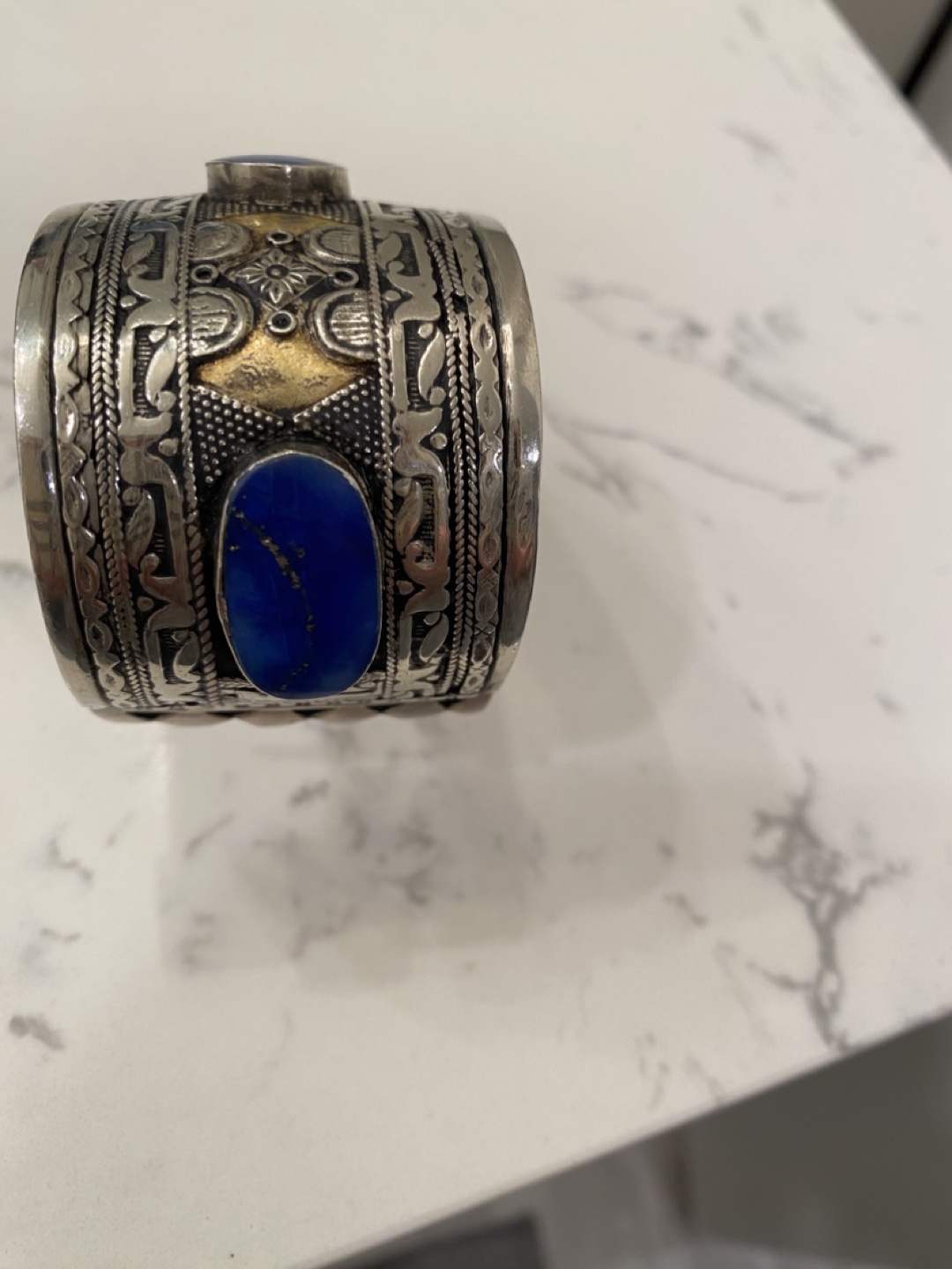 Vintage Lapis Lazuli  Sterling silver tamped Cuff Bracelet