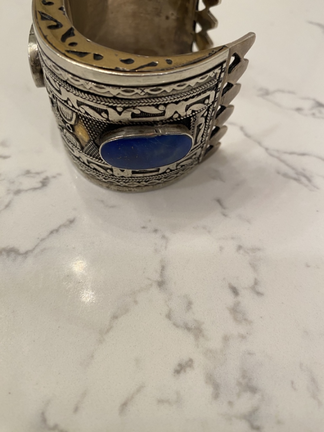 Vintage Lapis Lazuli  Sterling silver tamped Cuff Bracelet - photo 3