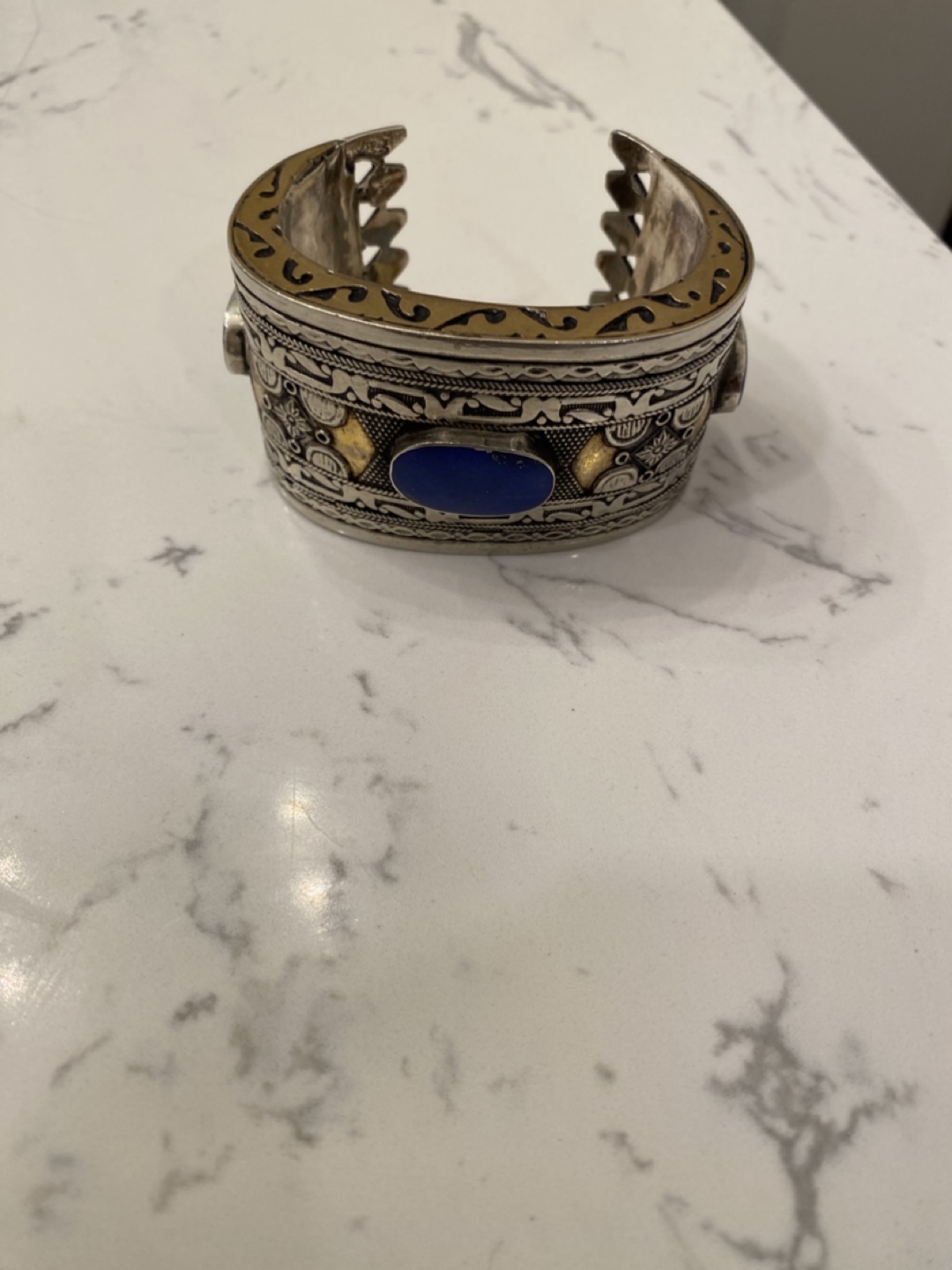 Vintage Lapis Lazuli  Sterling silver tamped Cuff Bracelet - photo 5