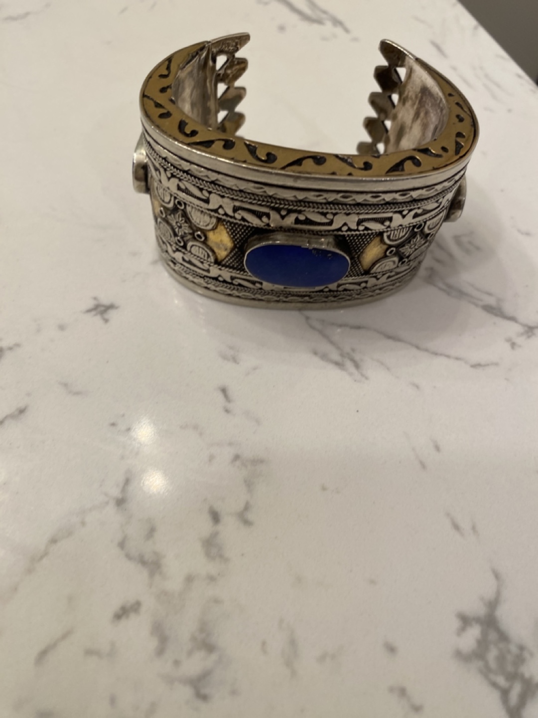 Vintage Lapis Lazuli  Sterling silver tamped Cuff Bracelet - photo 4