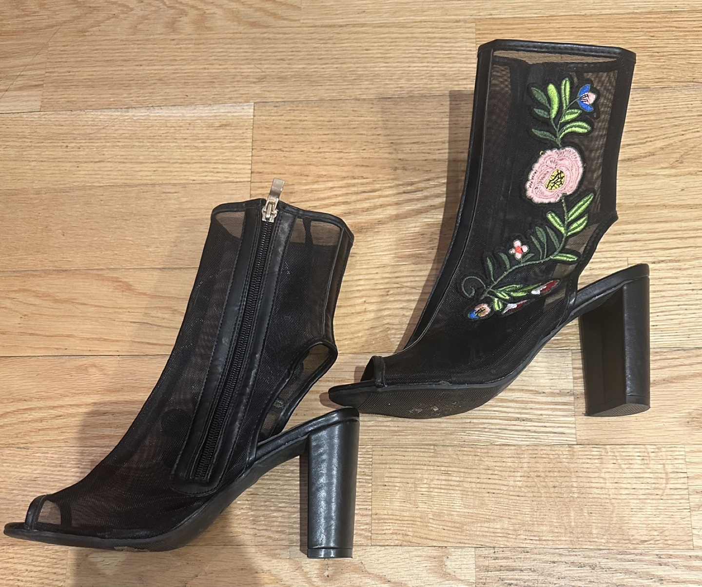 Embroidered Mesh Peep-Toe Booties - photo 2