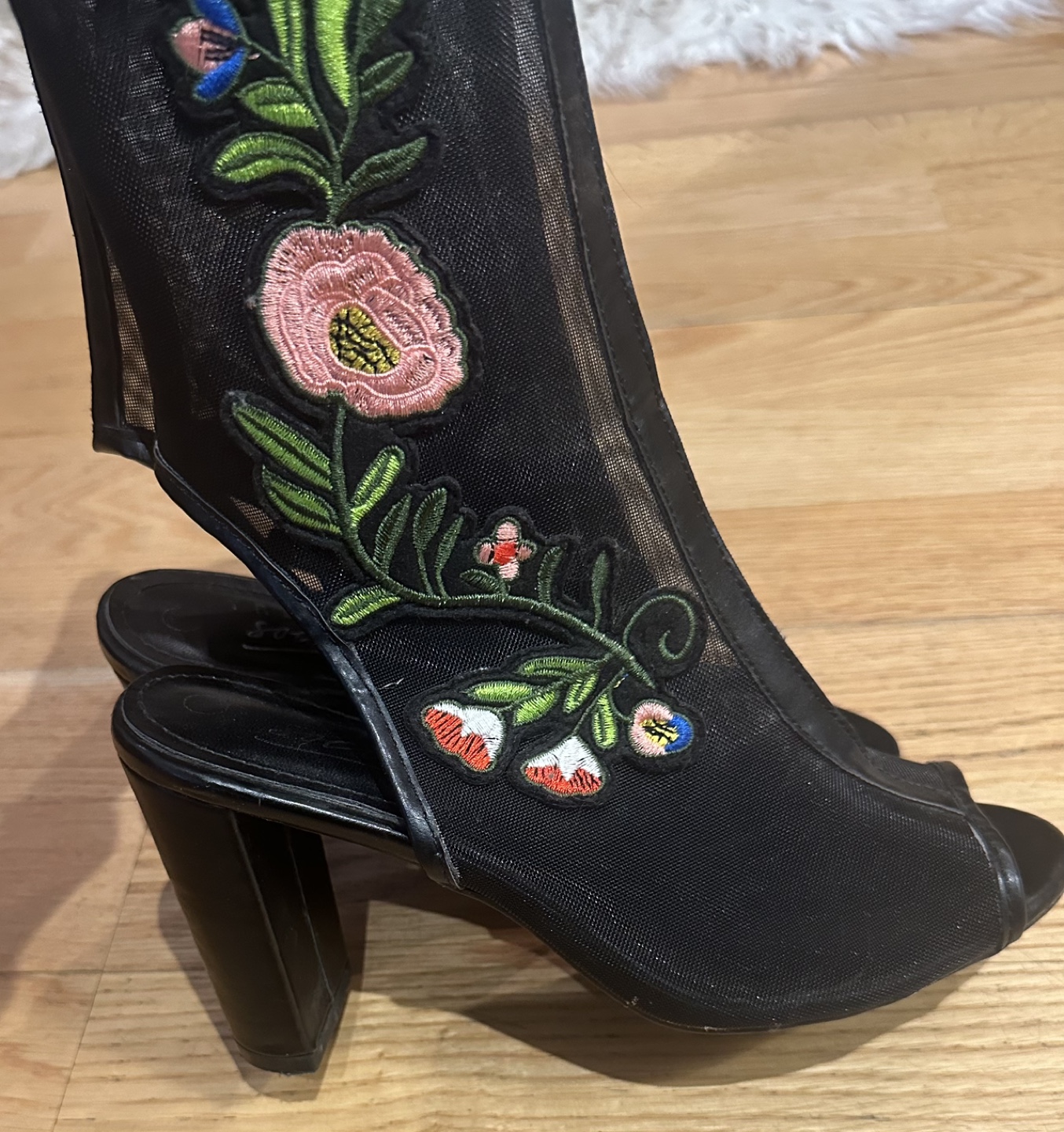 Embroidered Mesh Peep-Toe Booties - photo 3