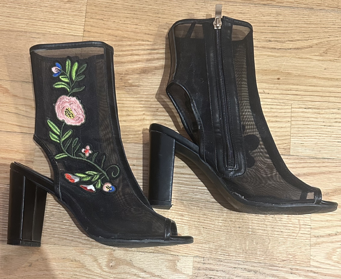 Embroidered Mesh Peep-Toe Booties