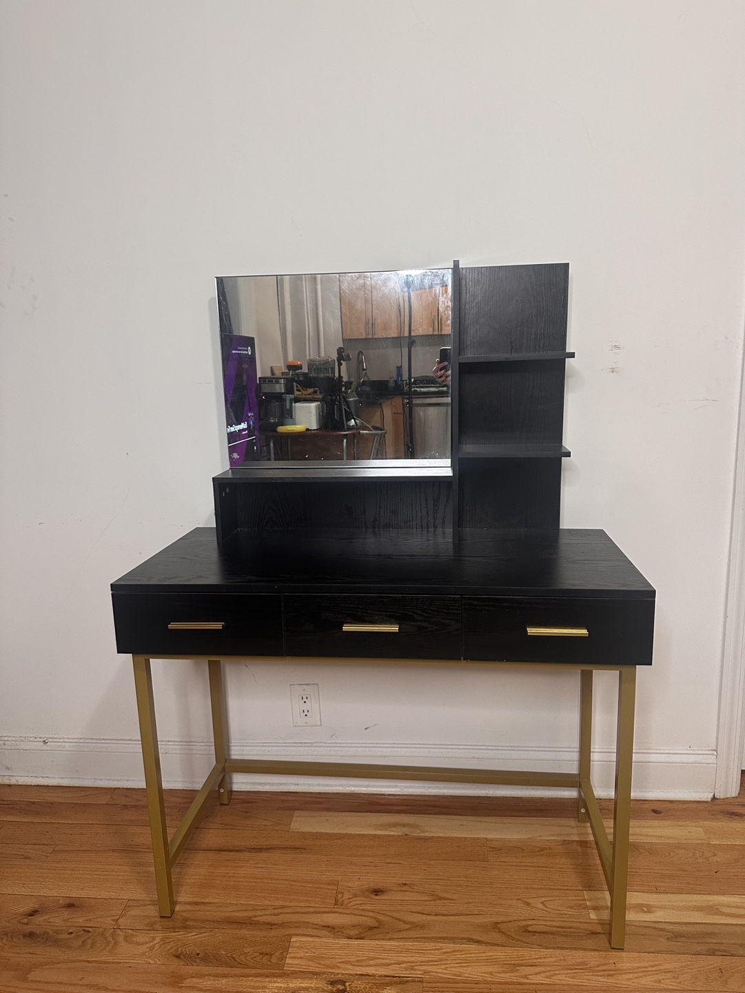 Black Vanity Desk with Gold Legs and Mirror - photo 2
