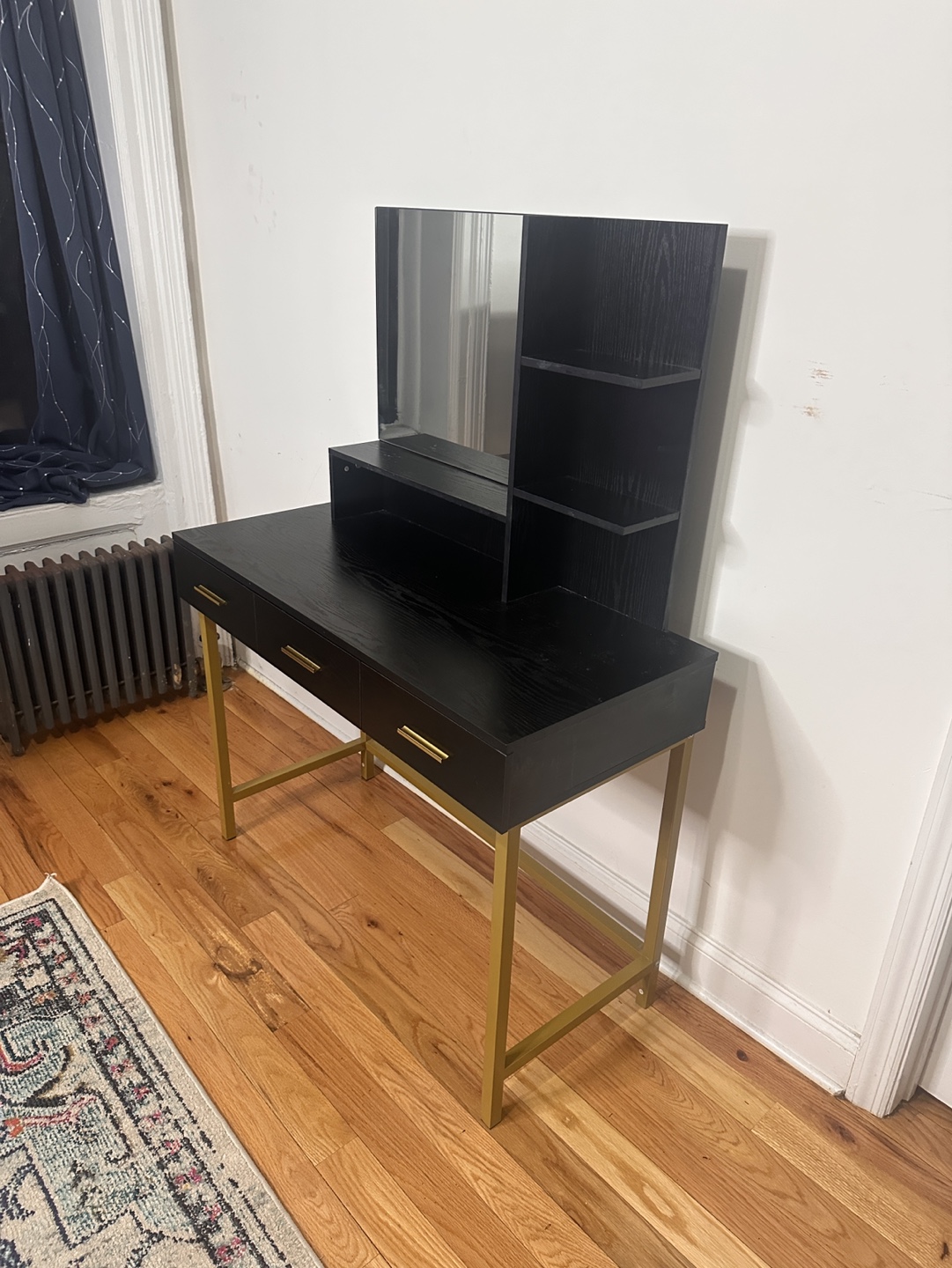 Black Vanity Desk with Gold Legs and Mirror