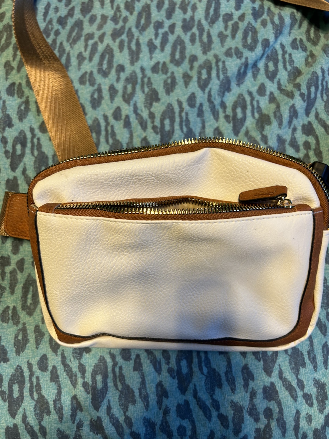 White and Brown Faux Leather Fanny Pack