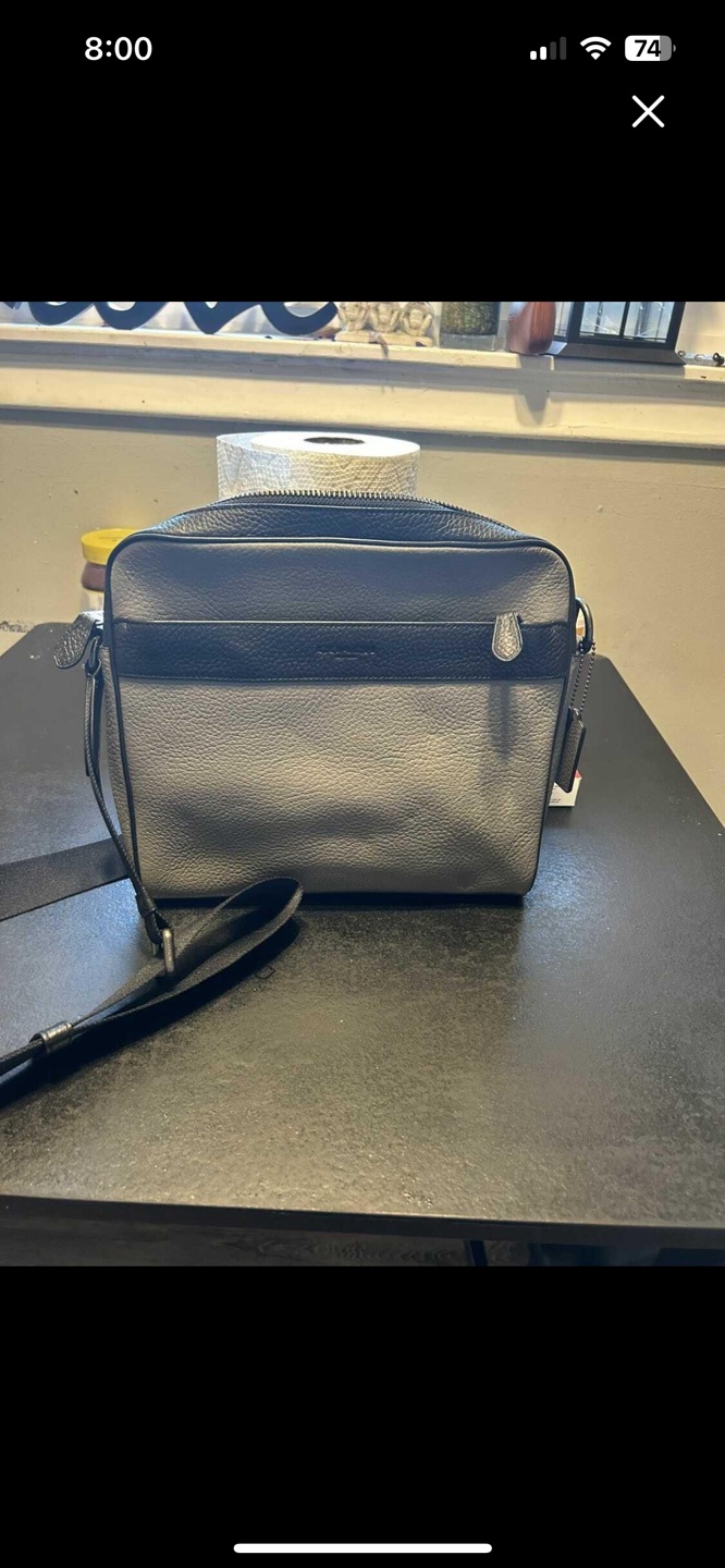 Coach Men's Grey and Black Leather Crossbody Bag
