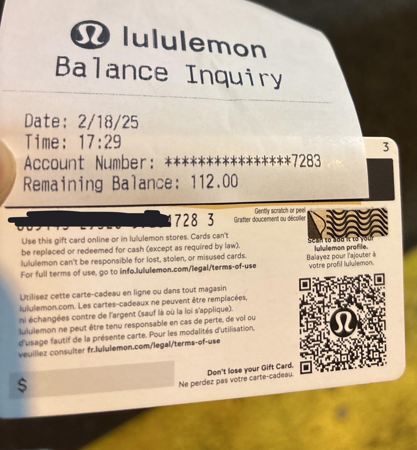 Lululemon Gift Card - $112 Balance