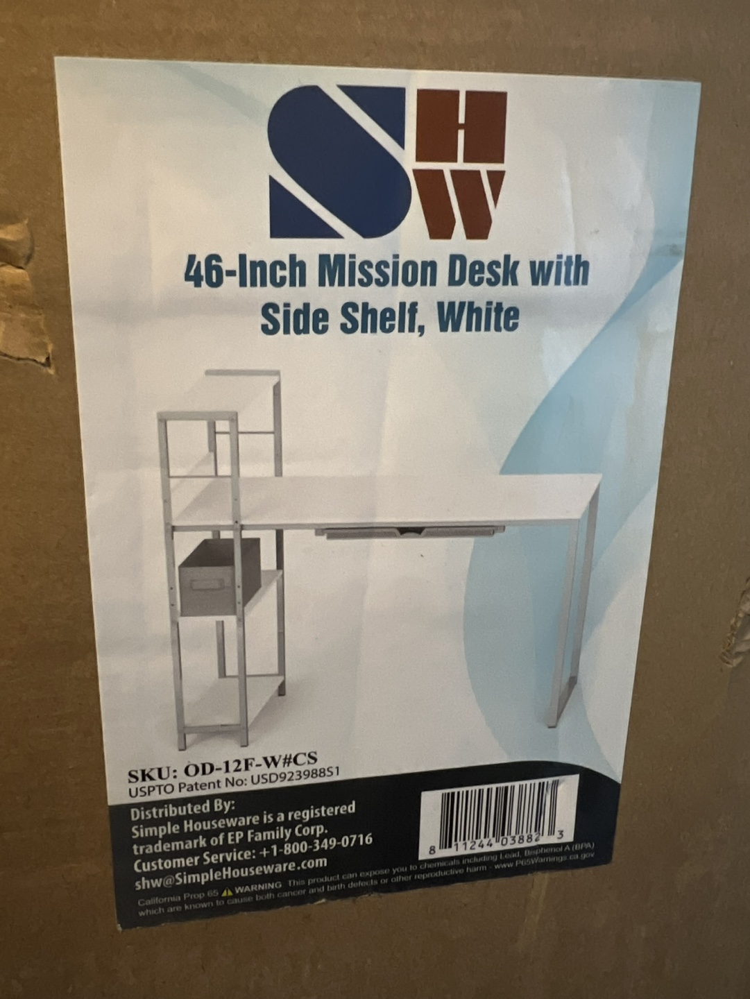 SHW 46-Inch Mission Desk with Side Shelf, White