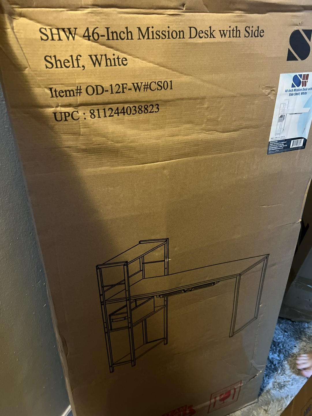 SHW 46-Inch Mission Desk with Side Shelf, White - photo 2