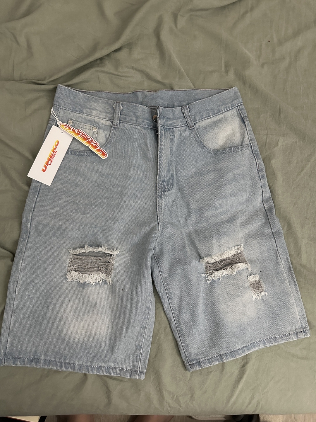 Men's Light Wash Denim Shorts with Distressing