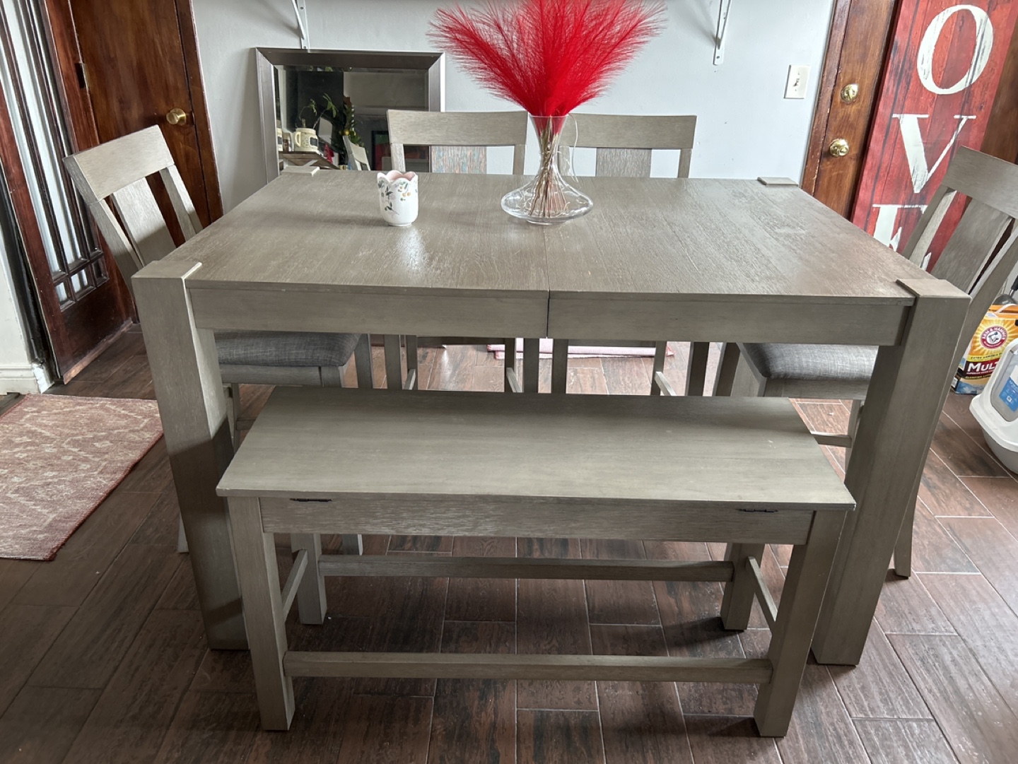 Grey Wood Dining Set with Bench