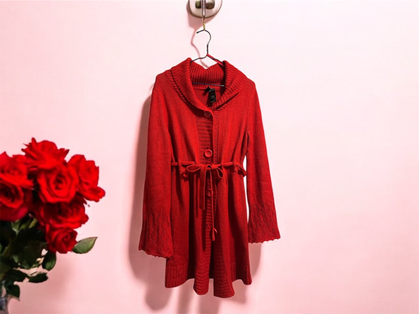 Red Knit Cardigan Sweater Coat - Size M