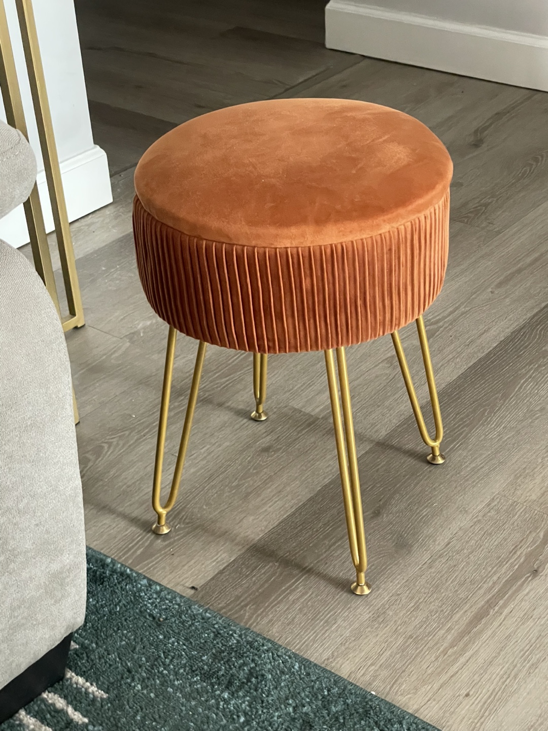 Round Velvet Ottoman with Gold Legs
