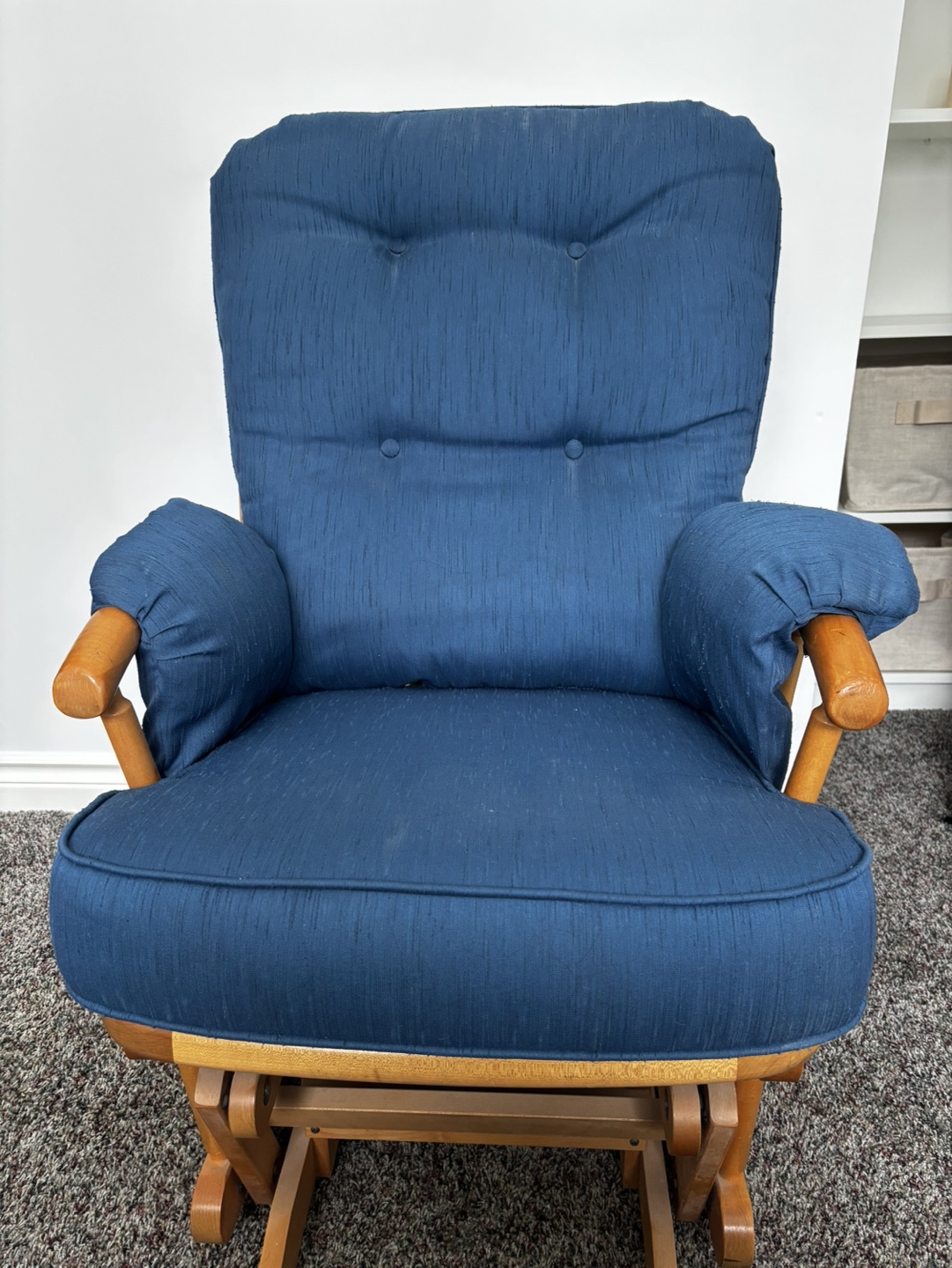 Glider Rocker Chair, Blue Fabric, Wooden Frame