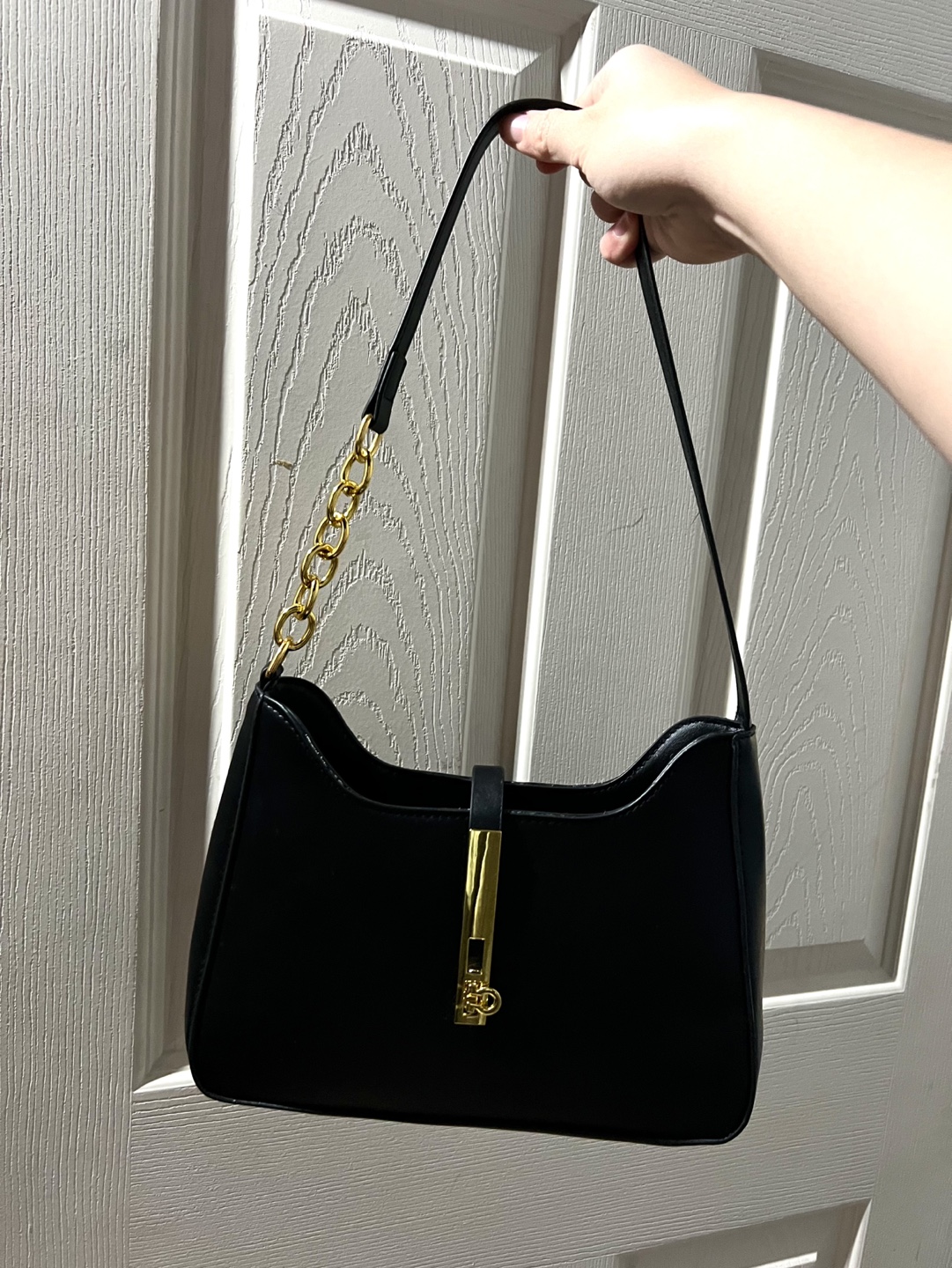 Black Shoulder Bag with Gold Chain Detail