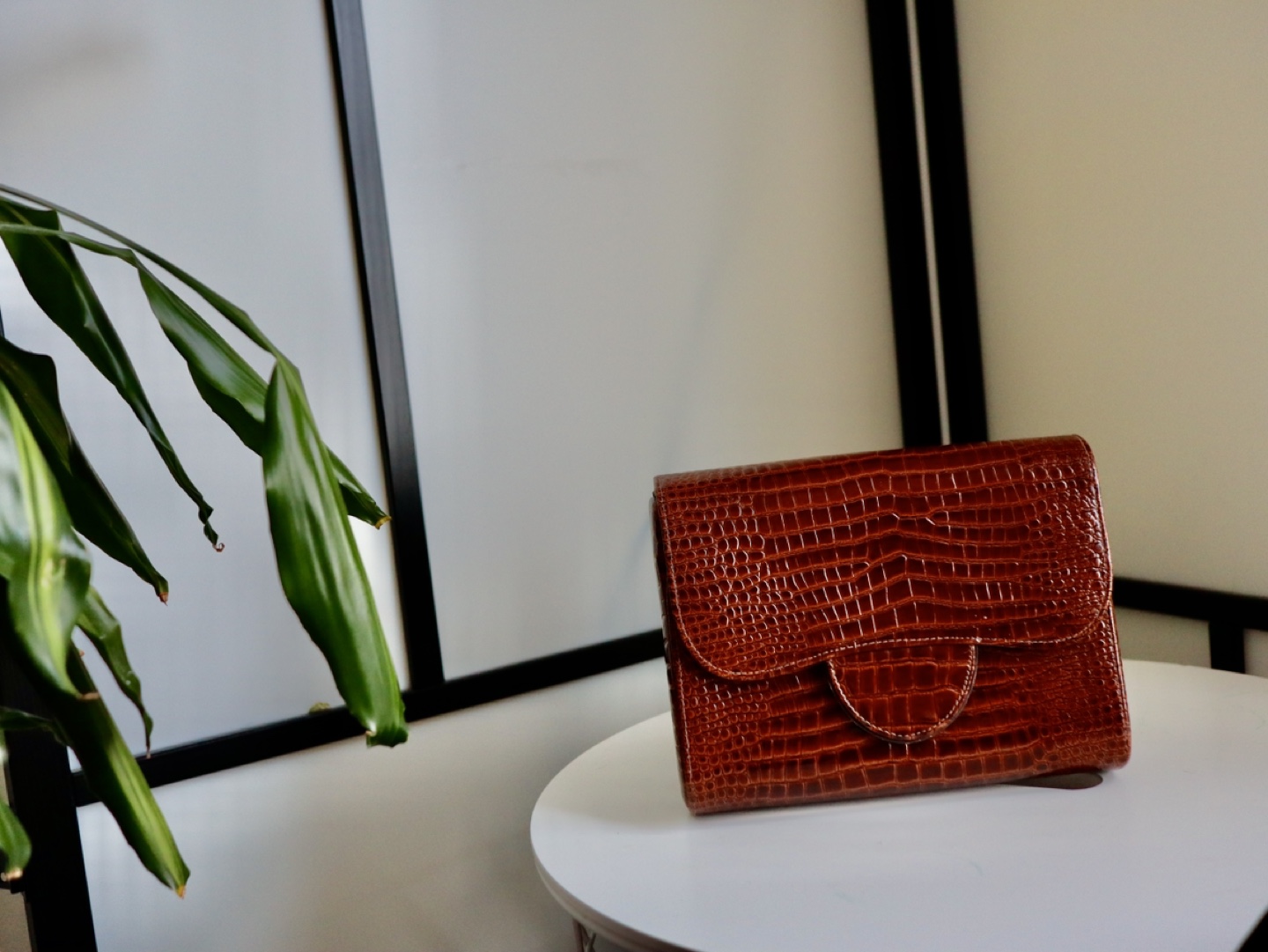 Brown Crocodile-Embossed Clutch