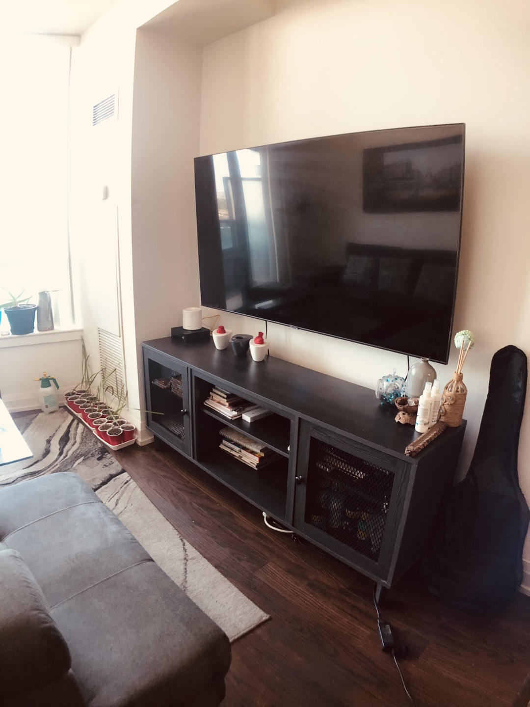 Dark Grey TV Stand with Metal Mesh Doors - photo 2