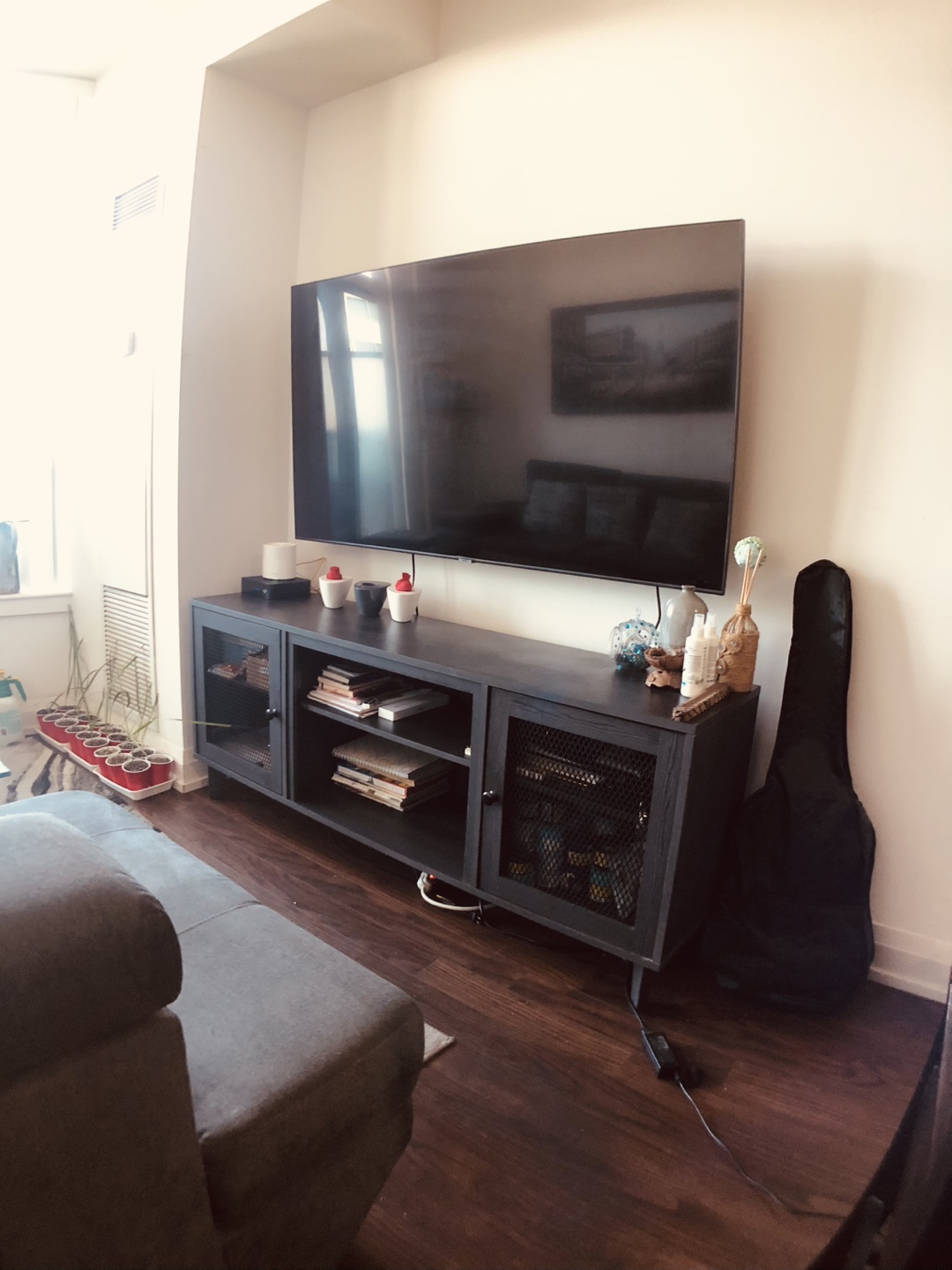 Dark Grey TV Stand with Metal Mesh Doors