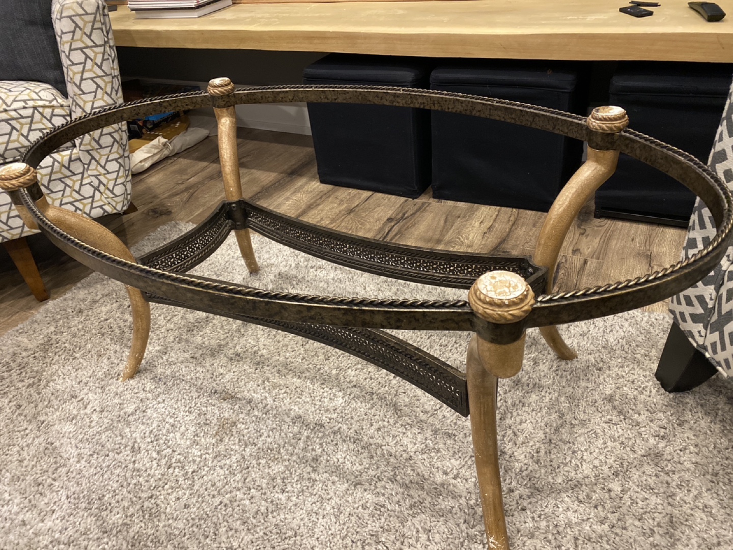 Oval Glass Top Coffee Table with Ornate Metal Frame