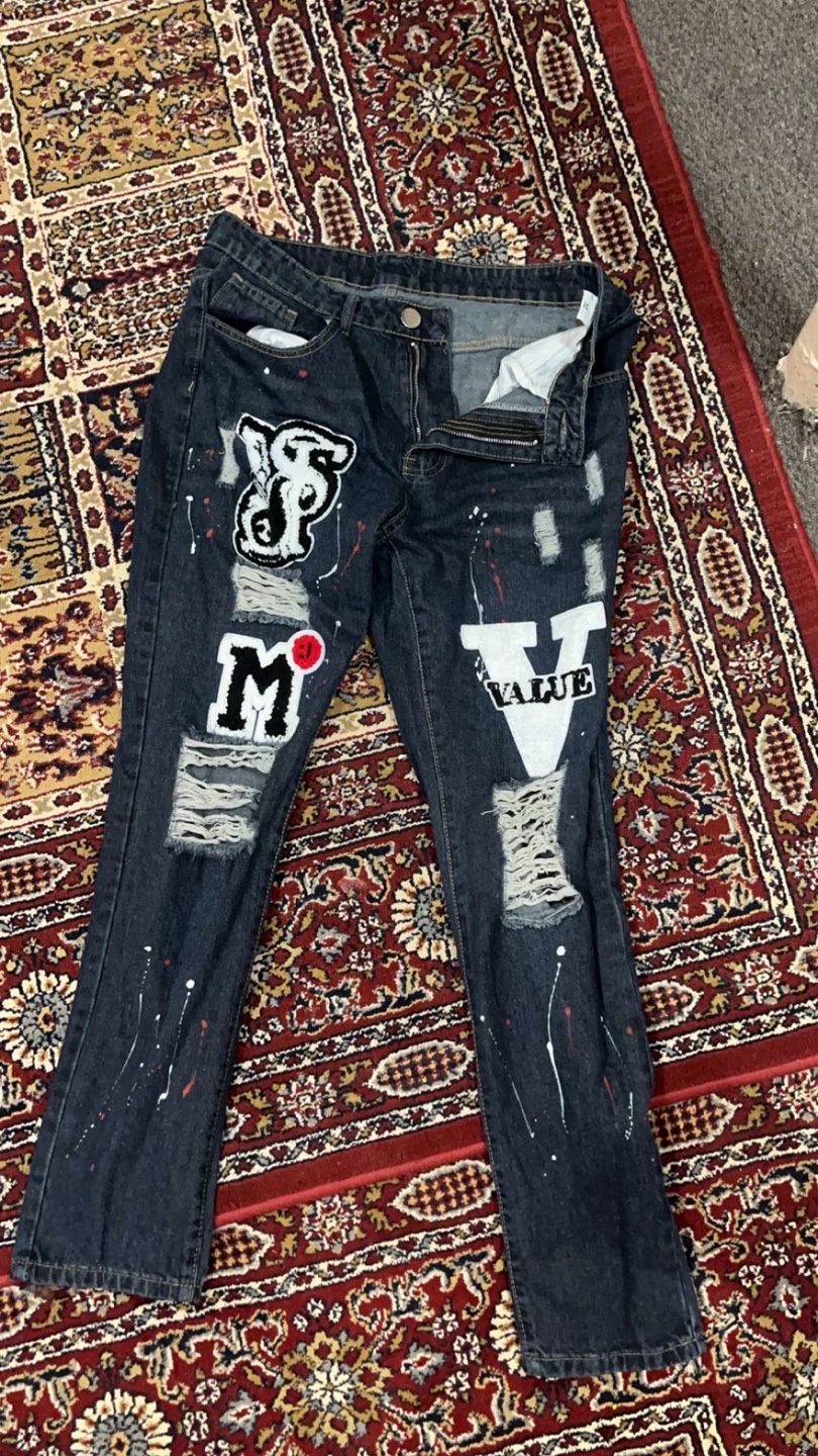Distressed Denim Jeans with Graffiti Print
