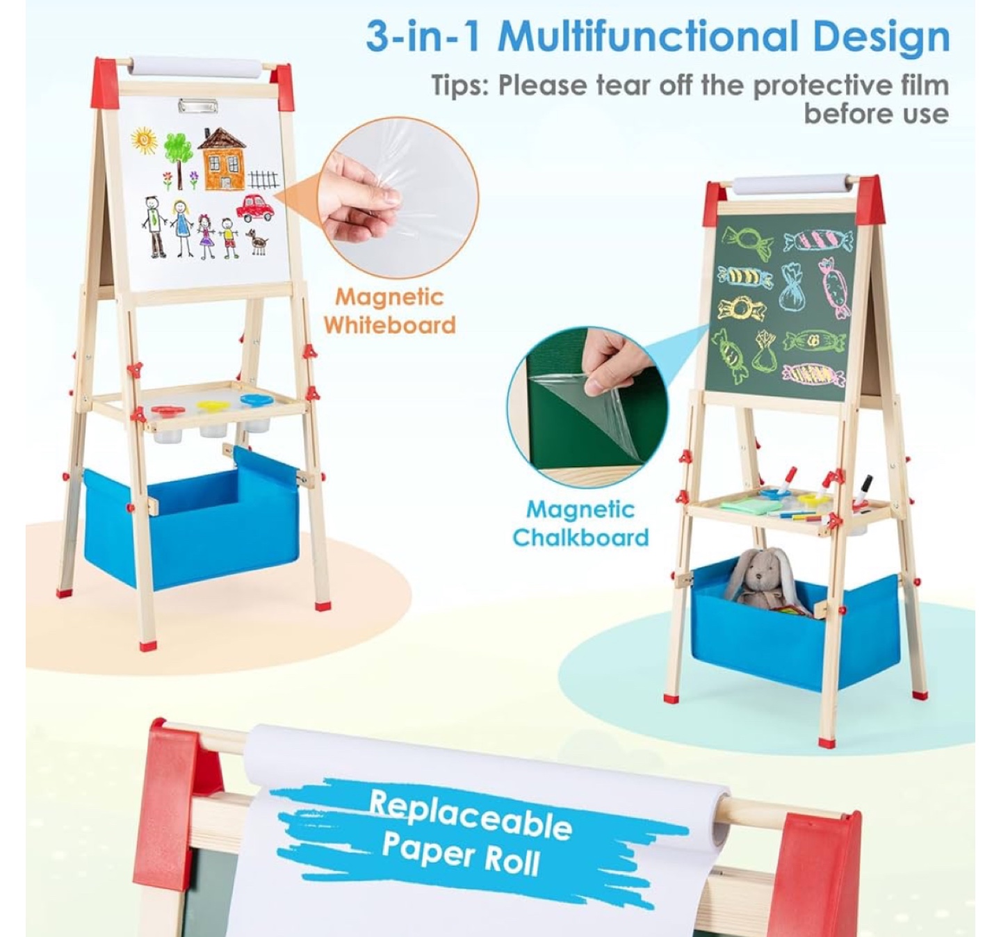 NEW 3-in-1 Easel with Chalkboard, Whiteboard,Paper Roll - photo 2