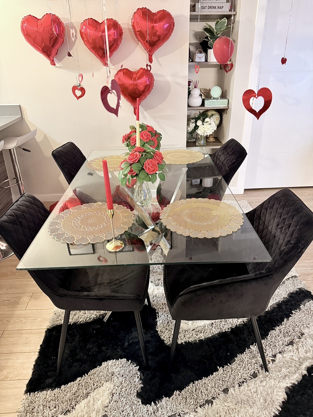 Set of 4 Black Velvet Dining Chairs with  glass Table Metal Legs