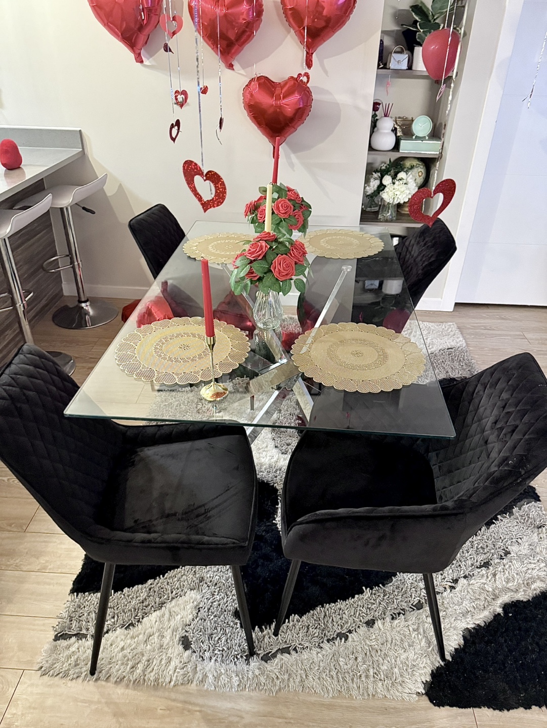Set of 4 Black Velvet Dining Chairs with  glass Table Metal Legs - photo 2