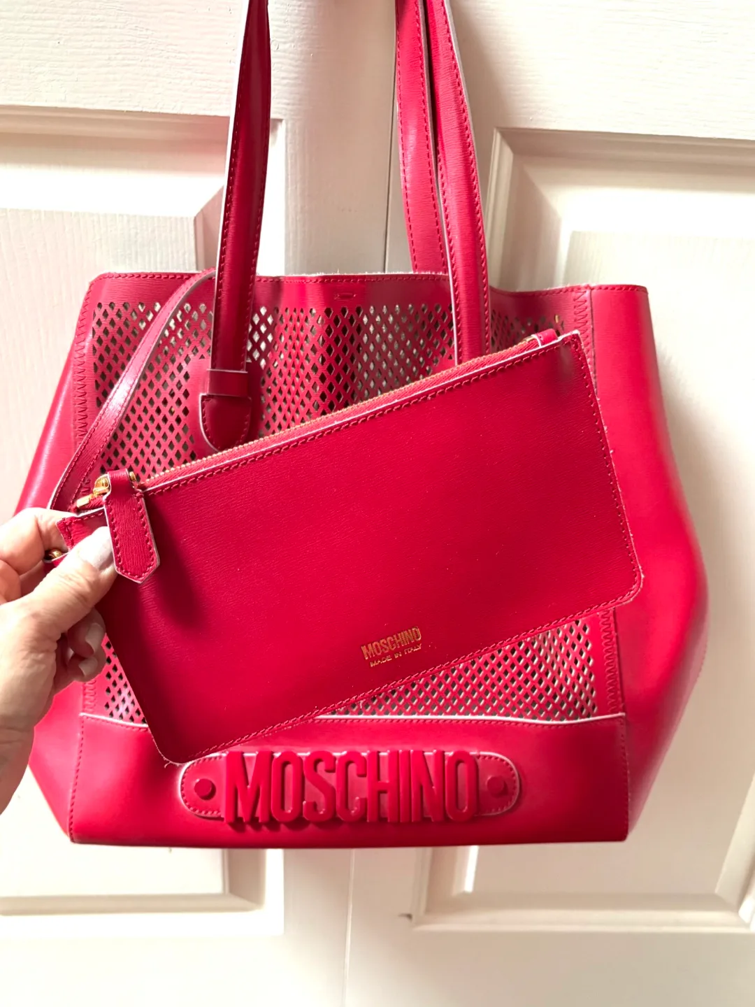 Moschino Red Perforated Leather Tote Bag with Pouch image indicator(4)