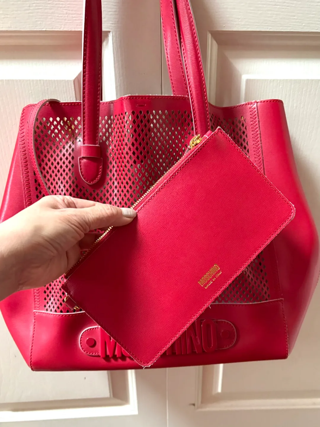 Moschino Red Perforated Leather Tote Bag with Pouch image indicator(5)