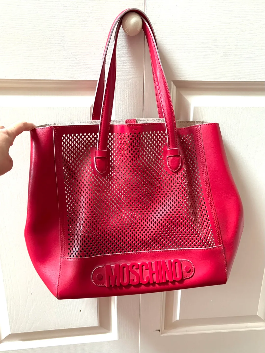 Moschino Red Perforated Leather Tote Bag with Pouch image indicator(2)