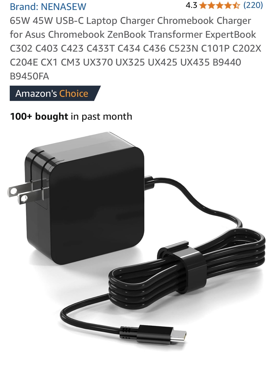 65W USB-C Laptop Charger for Asus Chromebooks