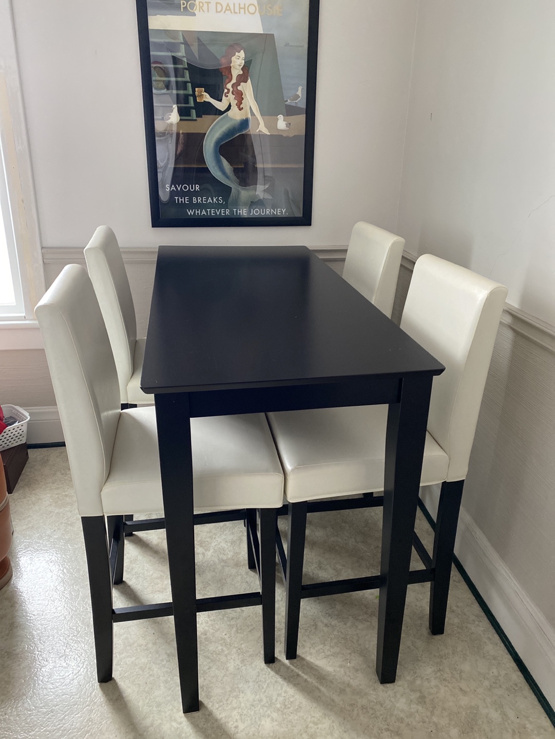 Espresso Pub Table and Four White Chairs