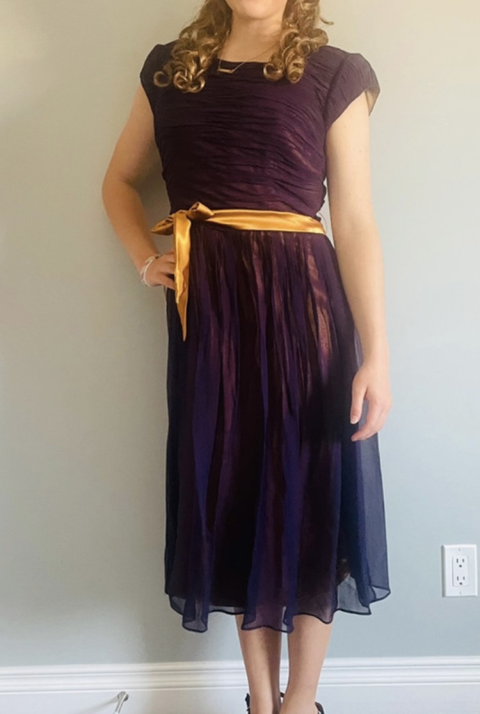 Purple midi dress with gold belt