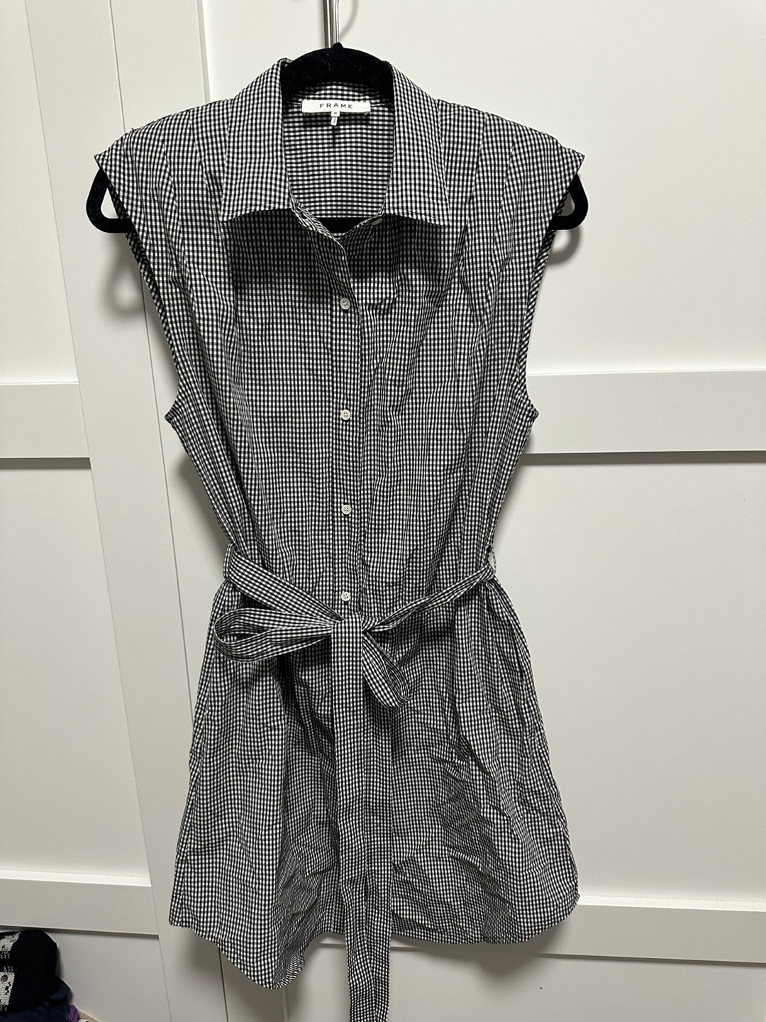 FRAME Black and White Gingham Sleeveless Shirt Dress
