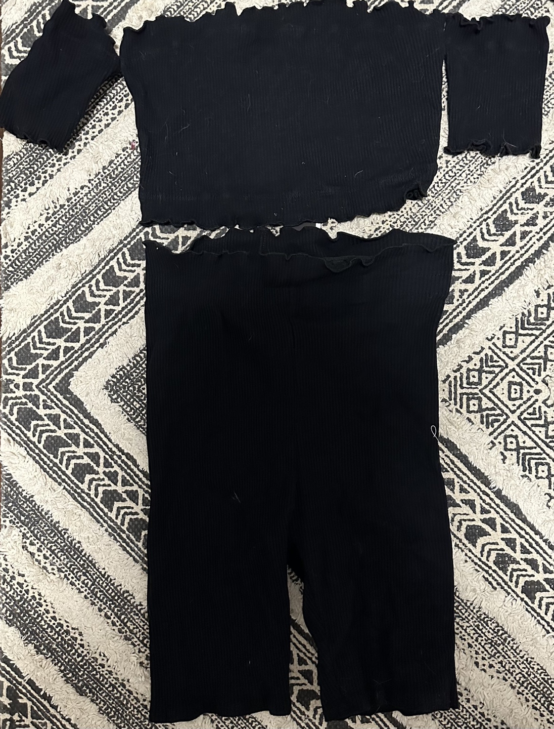 Black Ribbed Knit Off-the-Shoulder Top and Biker Shorts Set