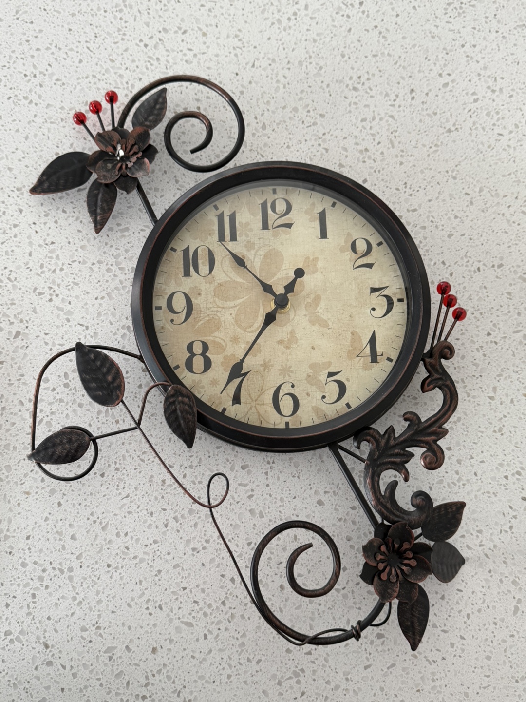 Ornate Wall Clock with Metal Floral Accents