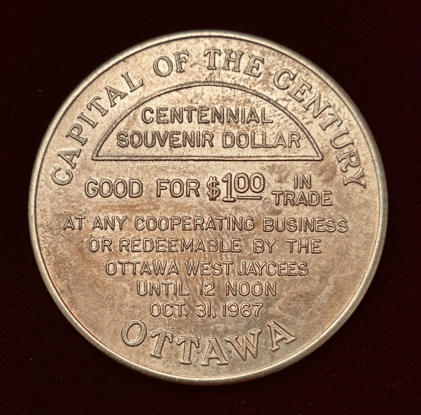 1967 Ottawa Centennial Souvenir Dollar Token - photo 2