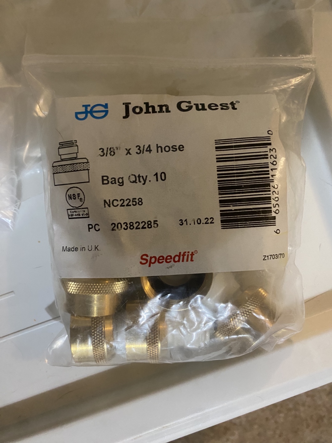 John Guest Speedfit 3/8" x 3/4" Hose Connectors - 10 Pack