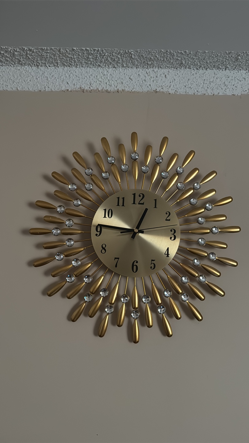 Gold Sunburst Wall Clock with Rhinestone Accents
