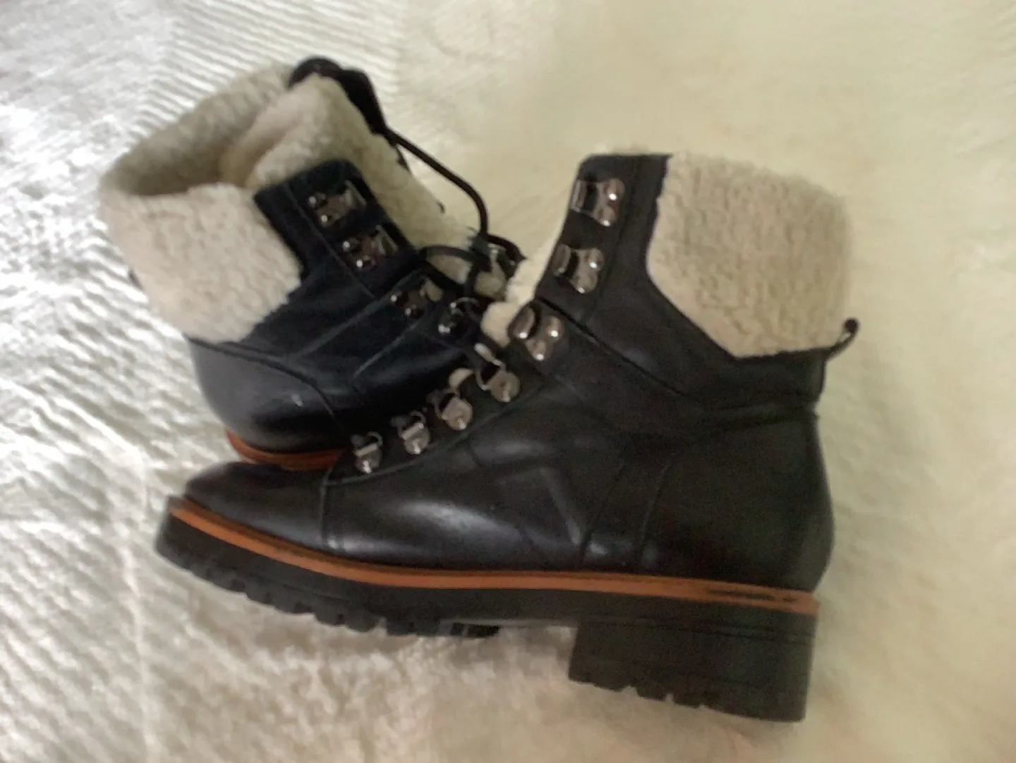 Women's Black Leather Lace-Up Boots with Faux Fur image indicator(4)