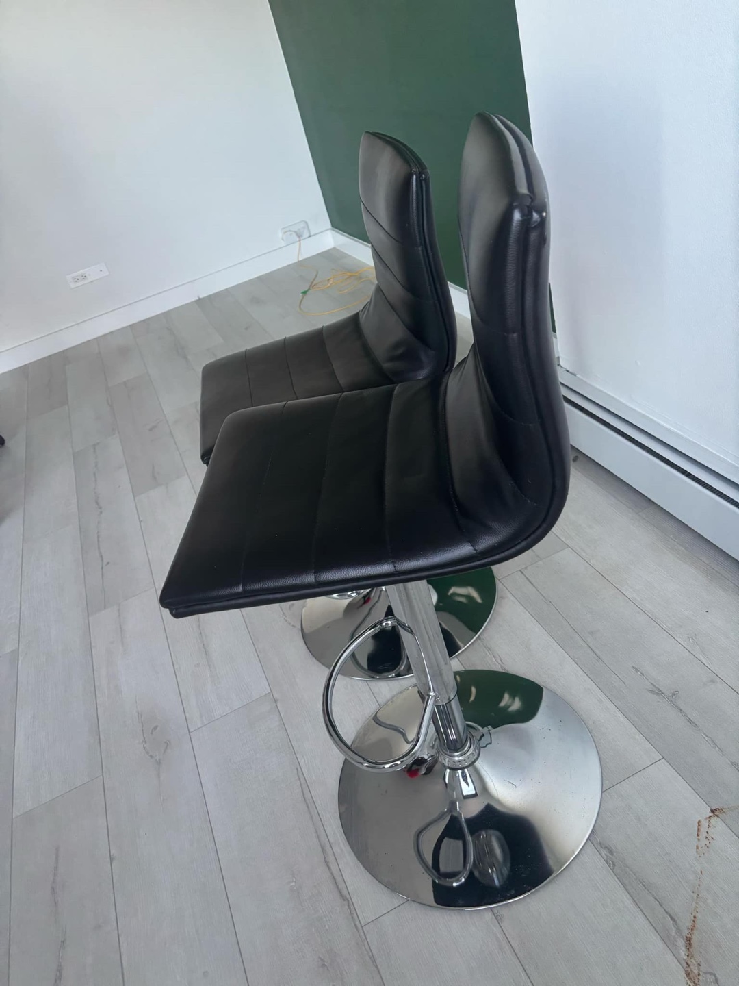 Pair of Black Leather Bar Stools with Chrome Base - photo 2
